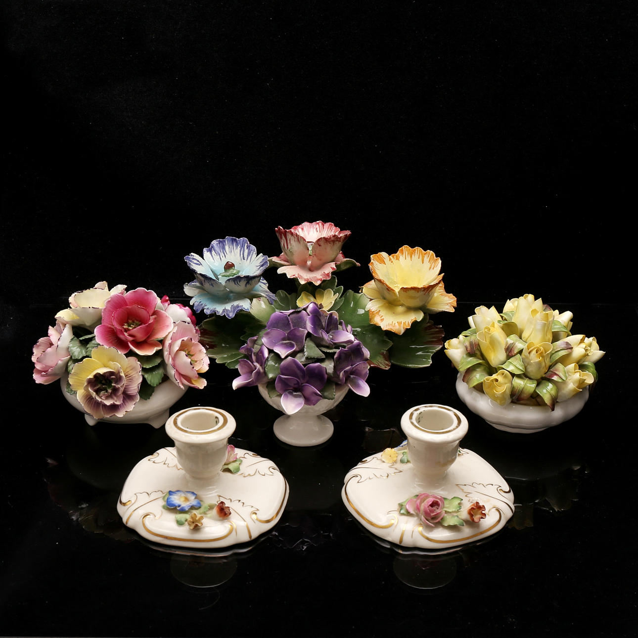 CANDLESTICKS, TABLE ORNAMENTS, 6 parts, 1900s.