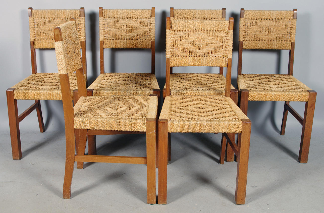 STOLAR, 6 stycken, mahogny med snörklädsel.