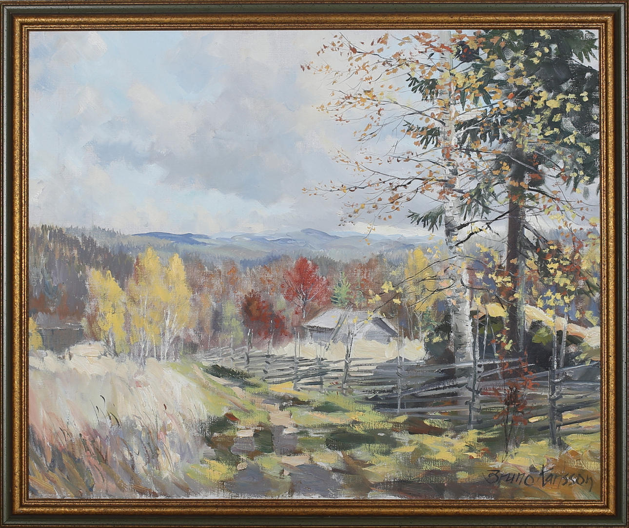 BRUNO KARLSSON. Fjällandskap med stuga. Olja på duk. Signerad.
