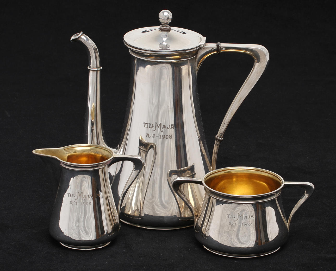 KAFFESERVIS, 3 delar, silver, David Andersen, 1907. Total vikt ca 903 g.