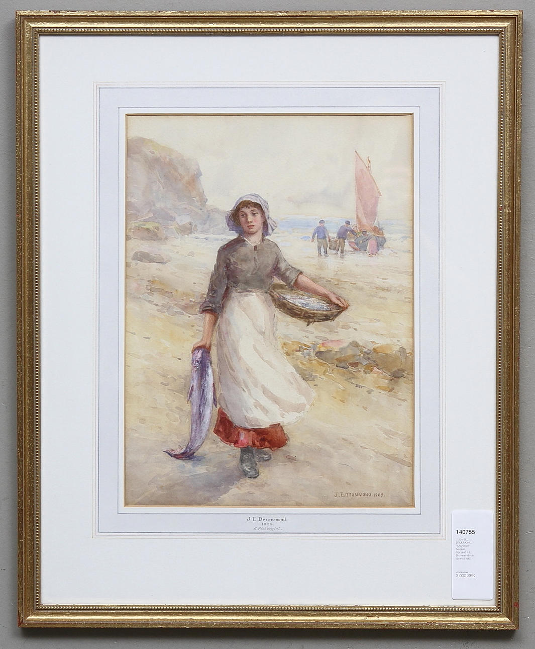 JULIAN E. DRUMMOND. "A fishergirl". Akvarell. Signerad J.E Drummond och daterad 1909.