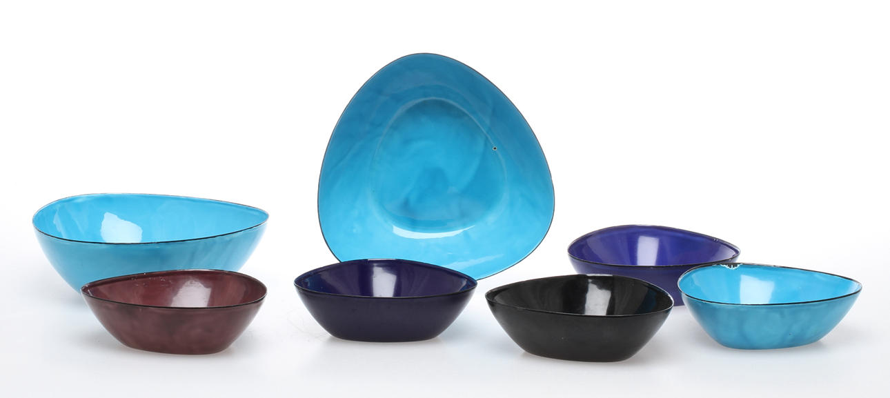 SKÅLAR, 5+2 st, emalj, Arne Erker, Kockums, 1950-tal.