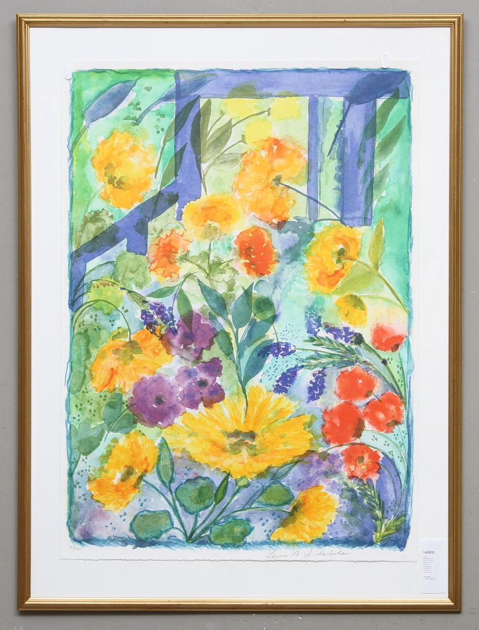 LENA LINDERHOLM. Motiv med röda, gula och lila blommor. Färglitografi. Signerad och numrerad 109/175.