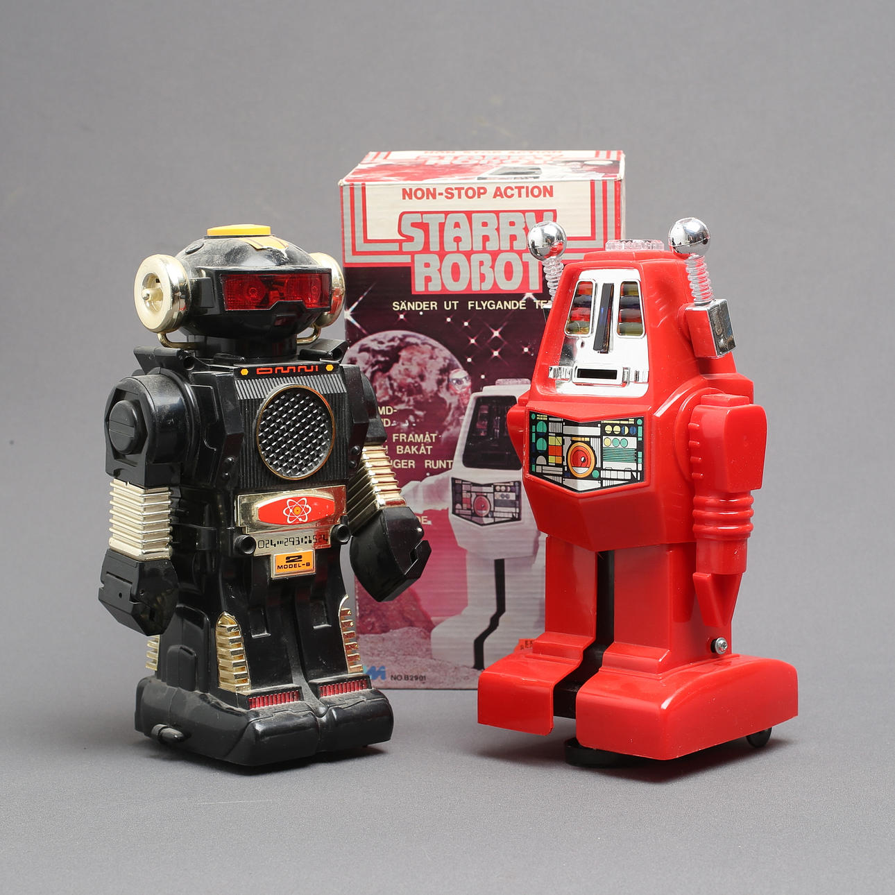 ROBOTS, 2 pcs, plastic, "Starry Robot", "Talking Magic Mike", Hong Kong.
