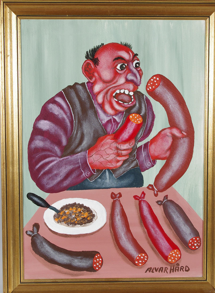 ALVAR HÅRD. Korvätande gubbe, olja på duk, signerad.