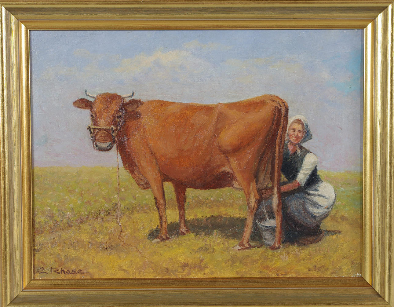 C. ROHDE. Mjölkande piga, olja på duk, signerad.