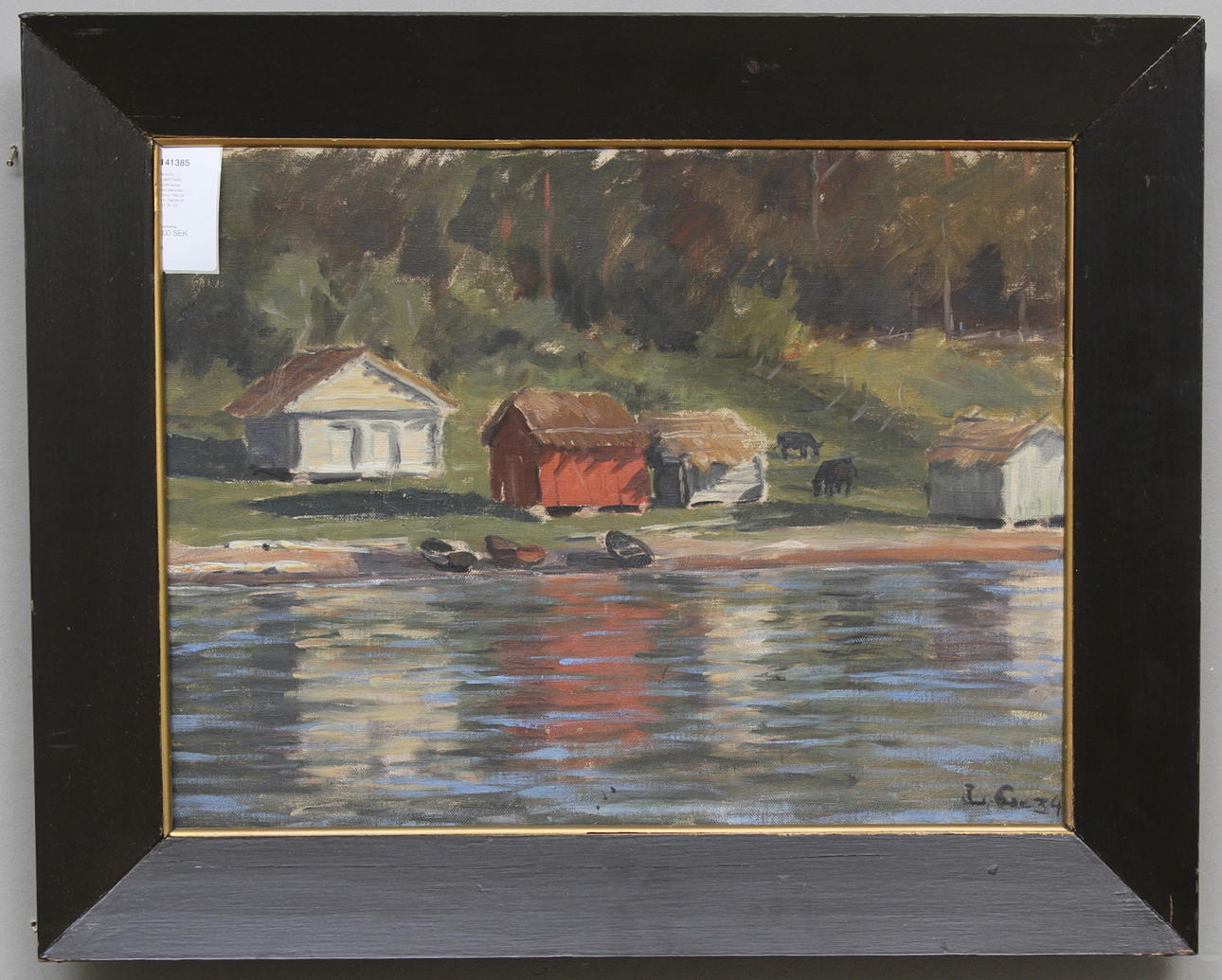 LARS GRÖNSTRAND. Sjölandskap med betande hästar. Finland, Olja på duk. Signerad L.G 34.