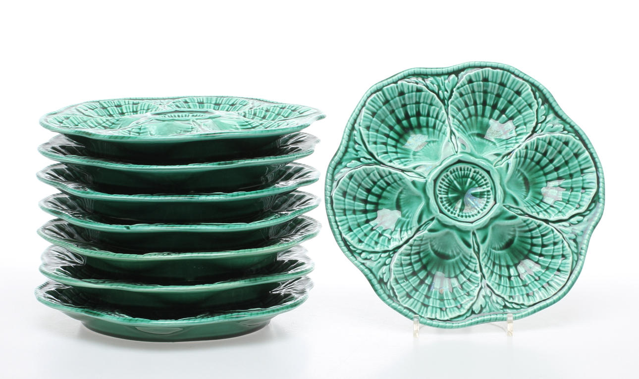 OSTRONTALLRIKAR, 8 st, majolika, Sarreguemines. Frankrike.