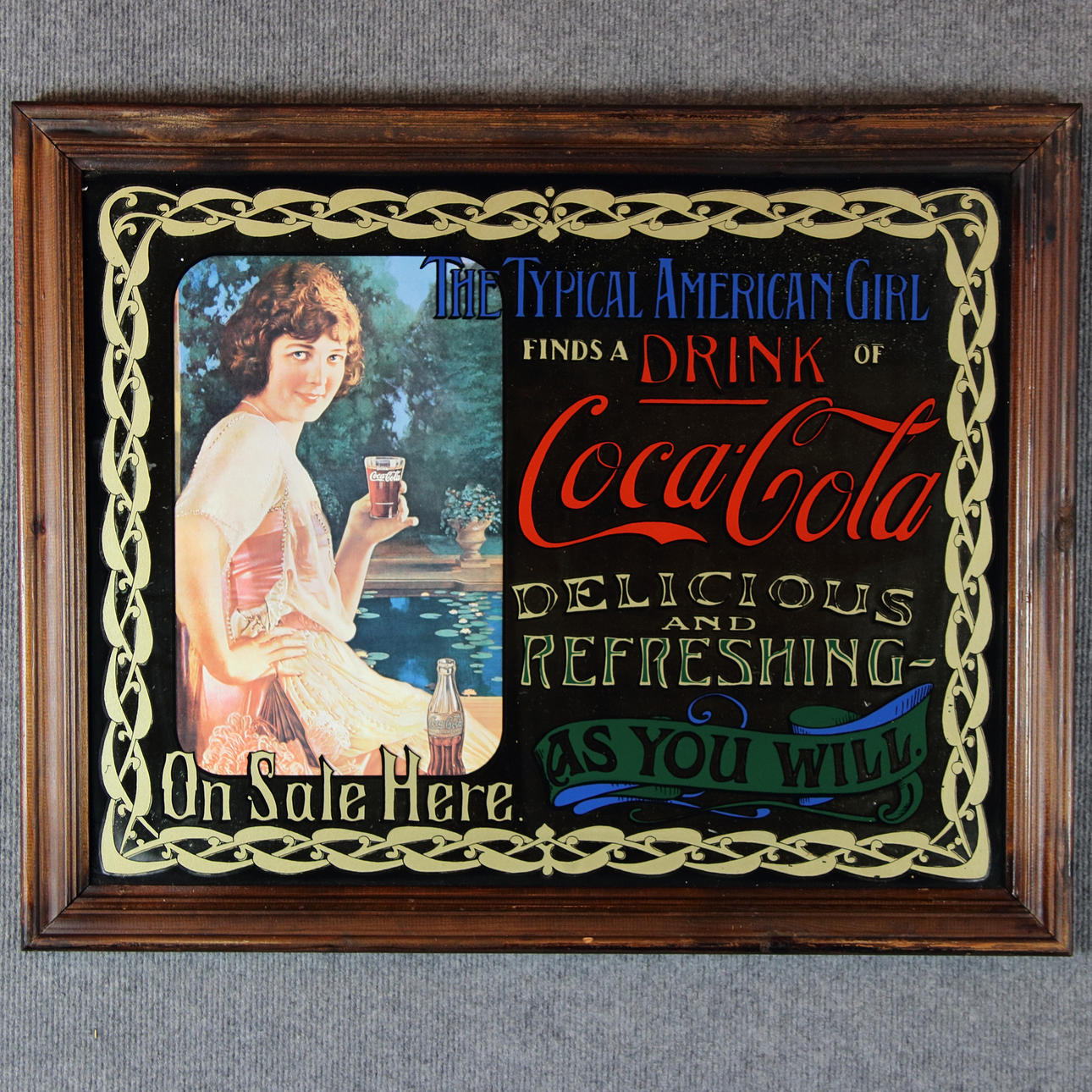 PUB MIRROR with Coca-Cola advertisement, wooden frame, 1900s