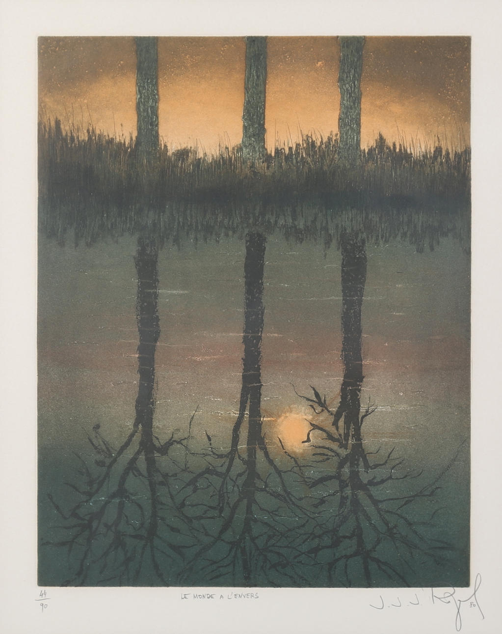 J.J.J. RIGAL. "Den uppochnervända världen", färgakvatint, signerad och numrerad 44/90.