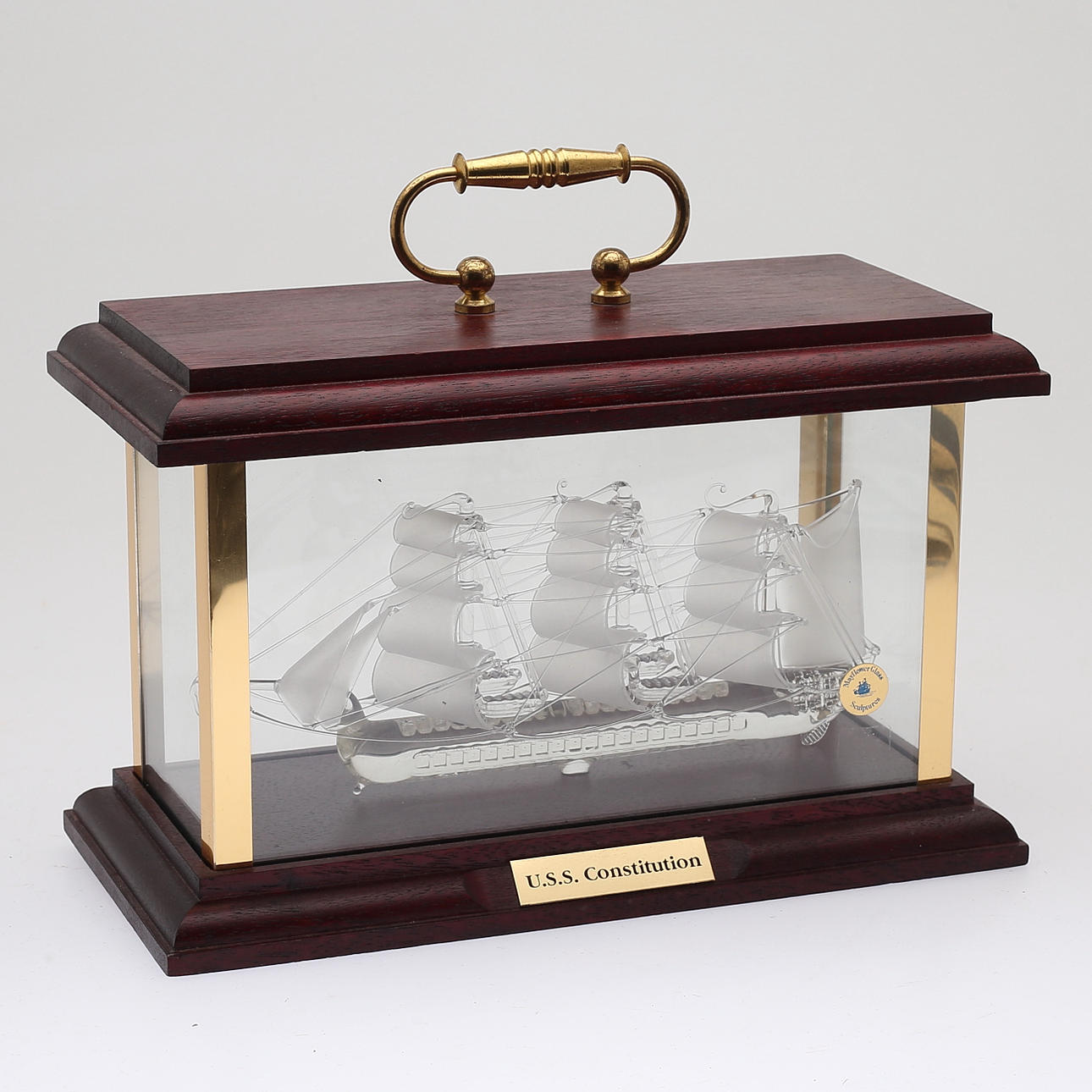 GLASS SHIP, model of USS Constitution, Mayflower Glass Sculptures