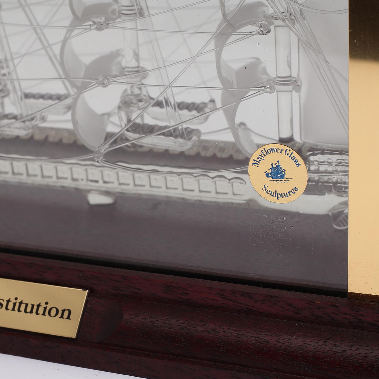 GLASS SHIP, model of USS Constitution, Mayflower Glass Sculptures