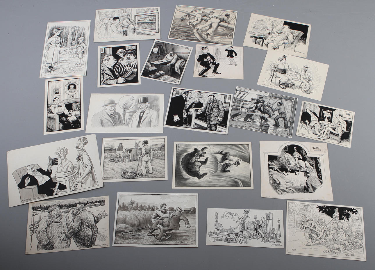 AXEL BÄCKMAN. Satirteckningar, 20 st, blandteknik, signerade.