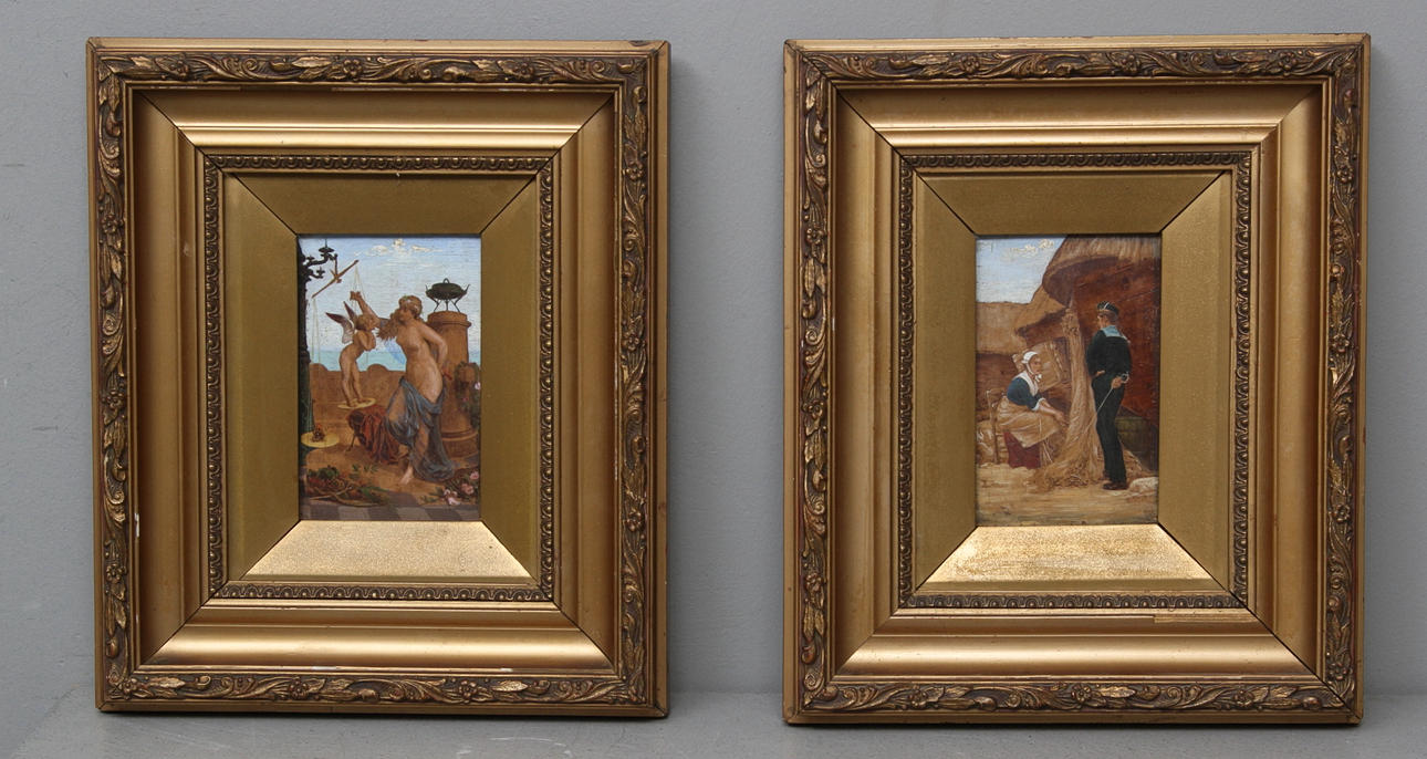 OKÄND KONSTNÄR. 2 st. Motiv med amorin och kvinna samt matros och kvinna vid fiskenät. 1800-tal. Olja på pannå. Osignerade.