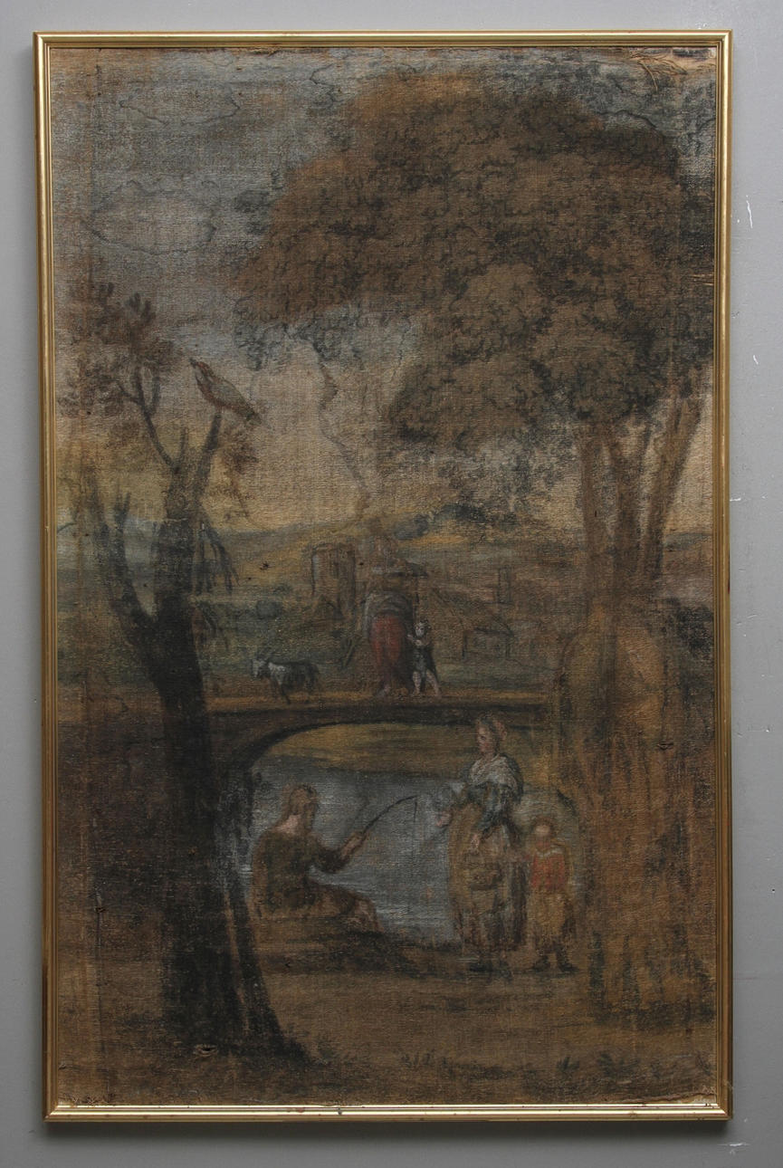 OKÄND KONSTNÄR. Landskap med fiskare. Olja på duk. 1700 tal. Osignerad.