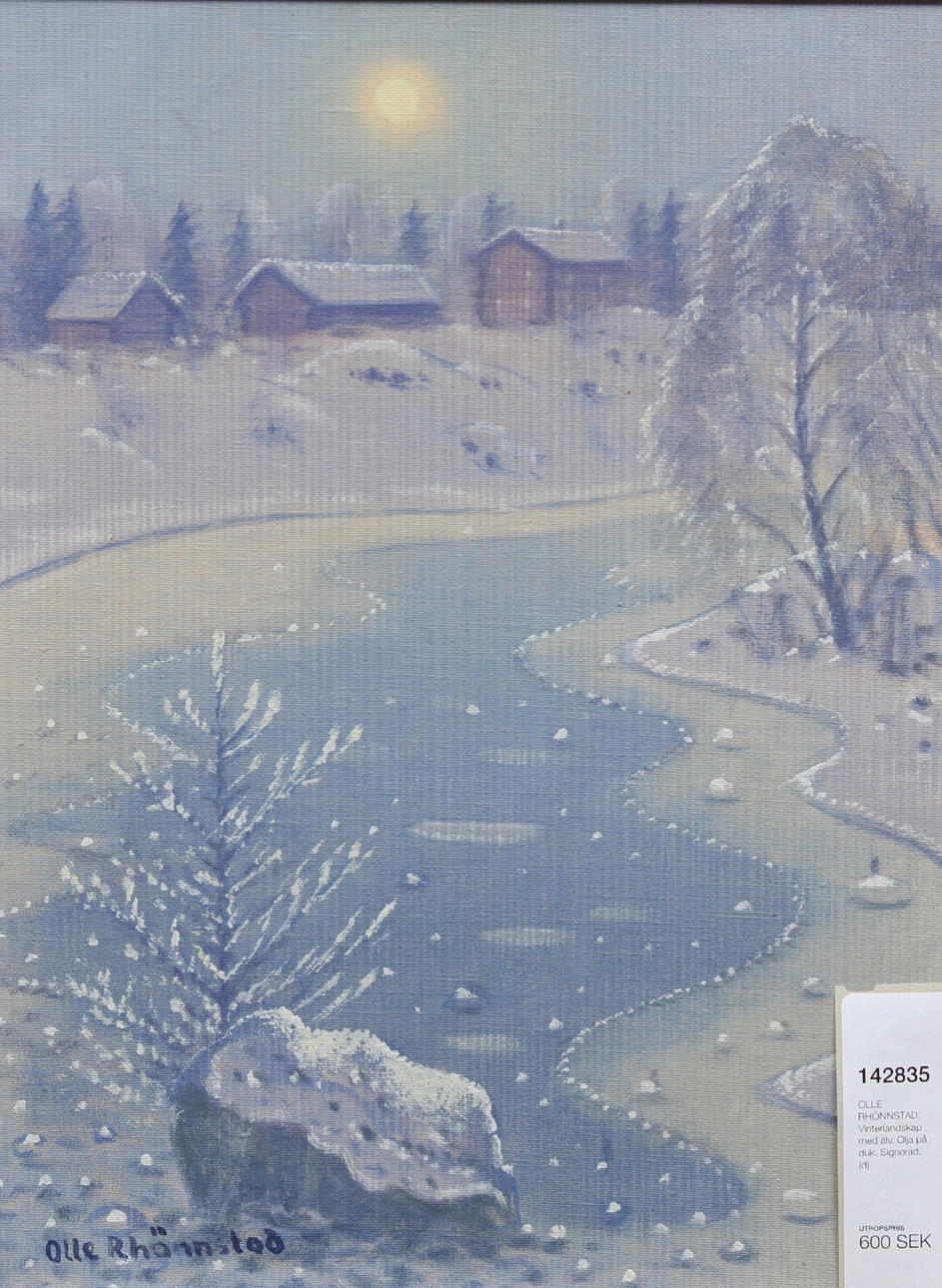 OLLE RHÖNNSTAD. Vinterlandskap med älv. Olja på duk. Signerad.