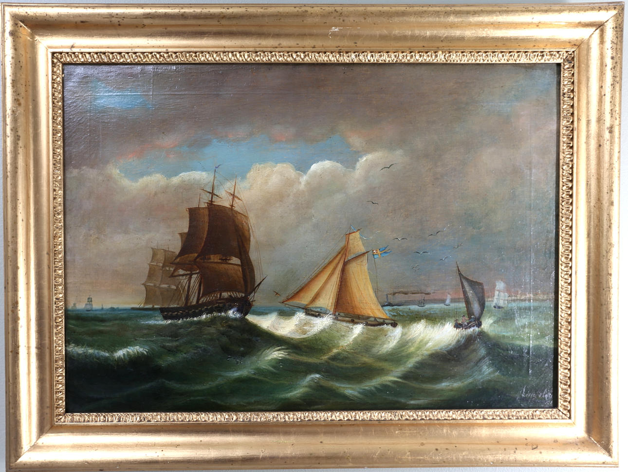 G. LINDBLOM. OLJA på duk, "Öresund" 1800-tal.