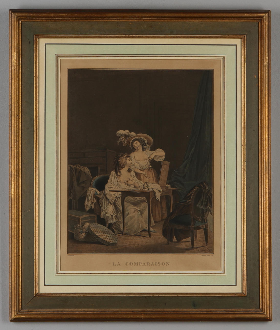 JEAN-FRANÇOIS JANNIET. EFTER. Kammarinteriörer, 2 st, kolorerade gravyrer, 1800-talets andra hälft.