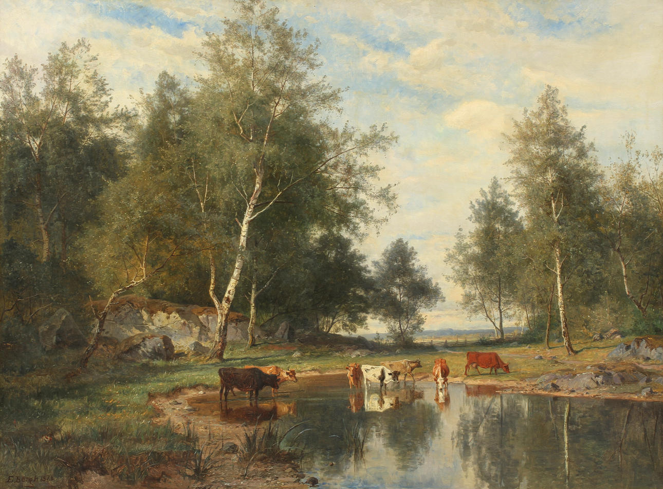 EDVARD BERGH (1853-1915). Boskap vid vattendrag. Olja på duk.