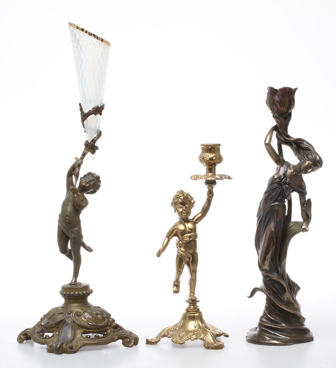 LJUSSTAKAR 2 st samt VAS glas med metallställ, 1900-tal.