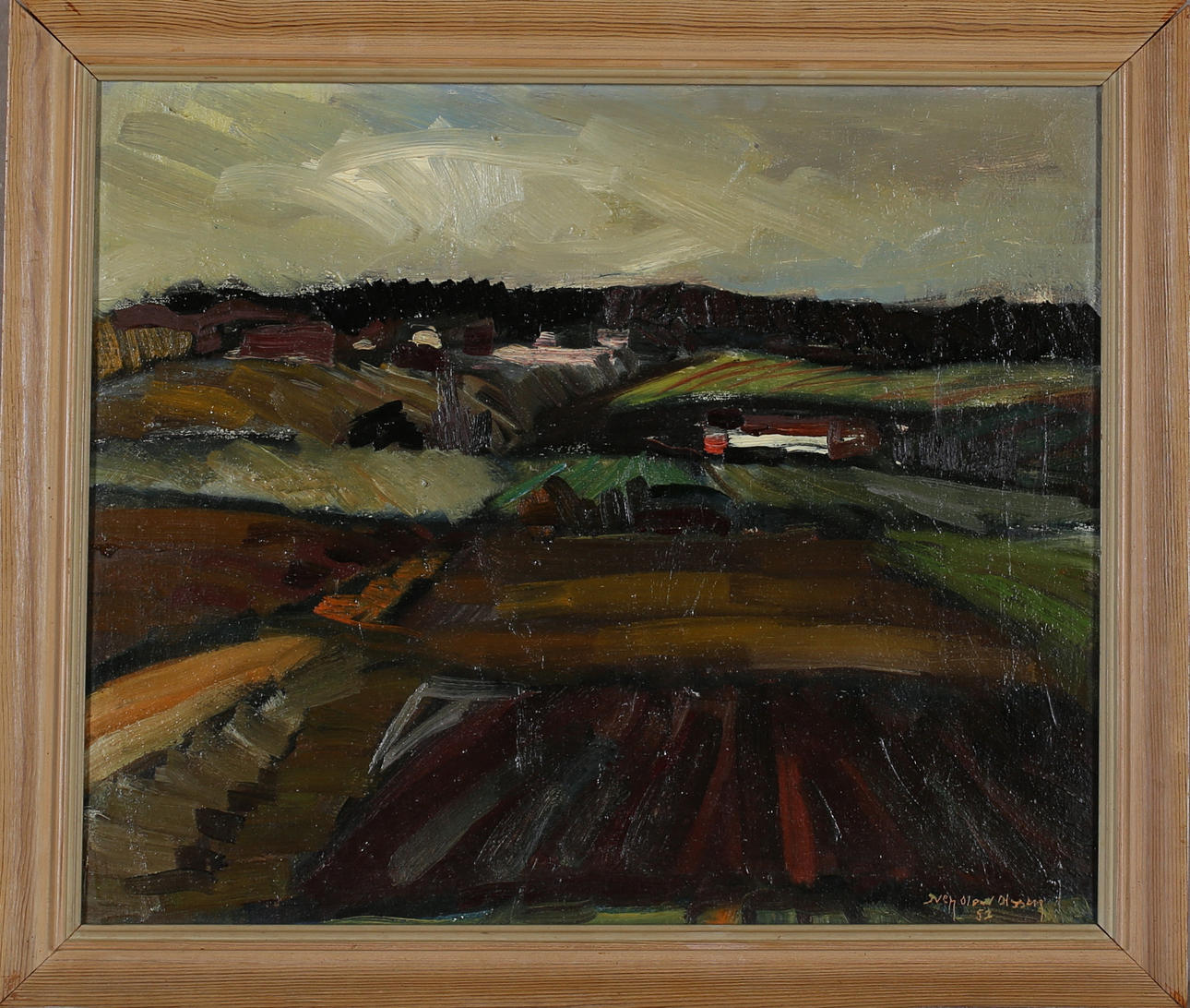 SVEN OLOW OLSSON. "Järvsölandskap", oil on Board, signed and dated -52.