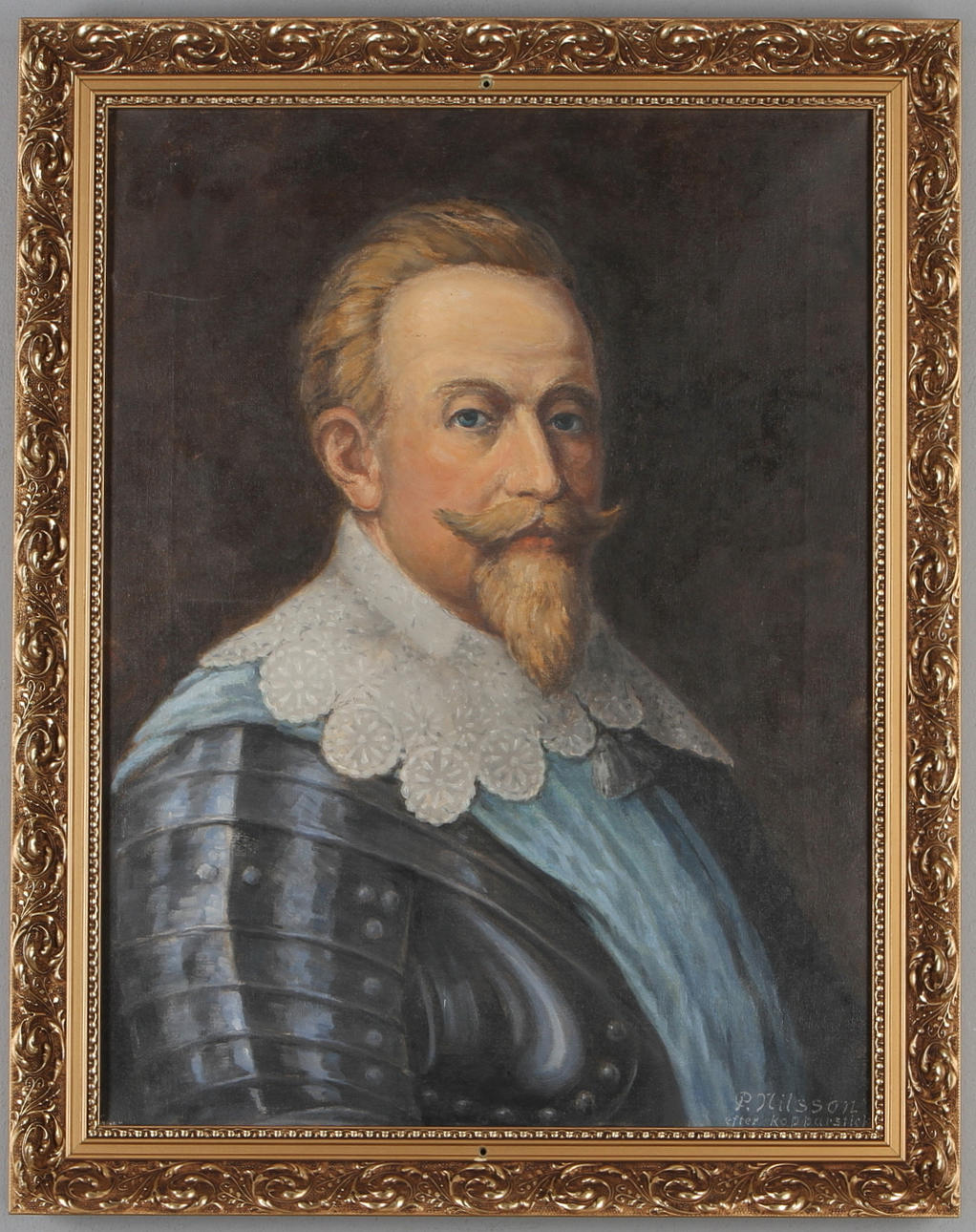 OKÄND KONSTNÄR. Gustav II Adolf, kopia efter kopparstick, olja på duk, sign P Nilsson.