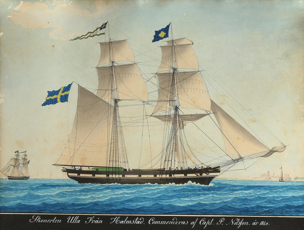 HONORÉ PELLEGRIN (1793-1869). Skeppsporträtt av Skonerten Ulla från Halmstad 1840. Akvarell och gouache.