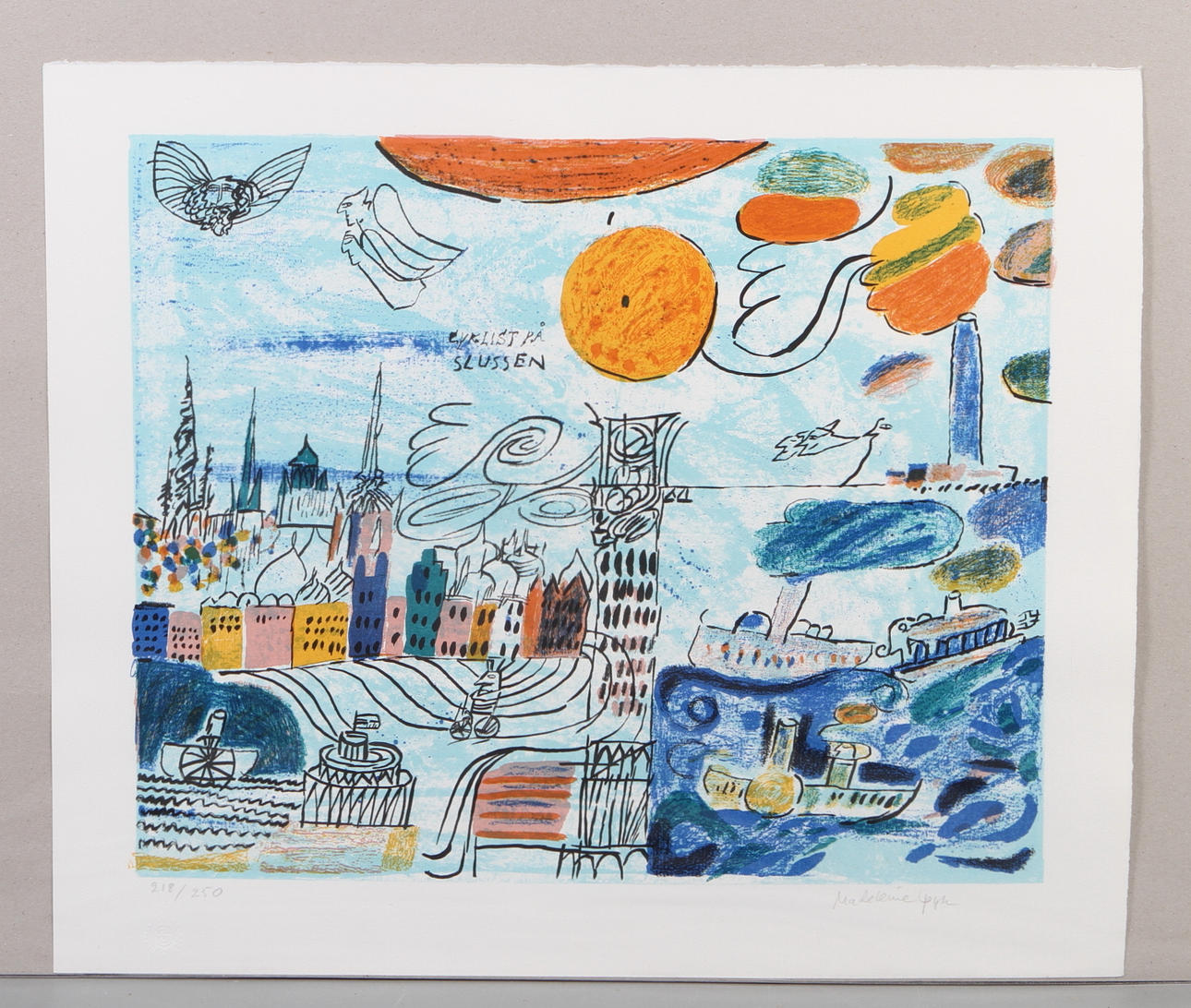 MADELEINE PYK. Cyklist på slussen, färglitografi, signerad och numrerad 218/250.