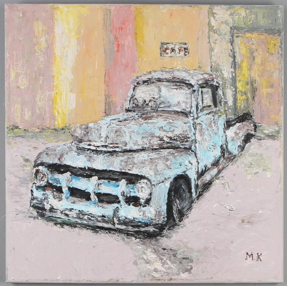 MARKUS KOSKENNIEMI. Motiv med bil på gata, olja på duk, signerad.