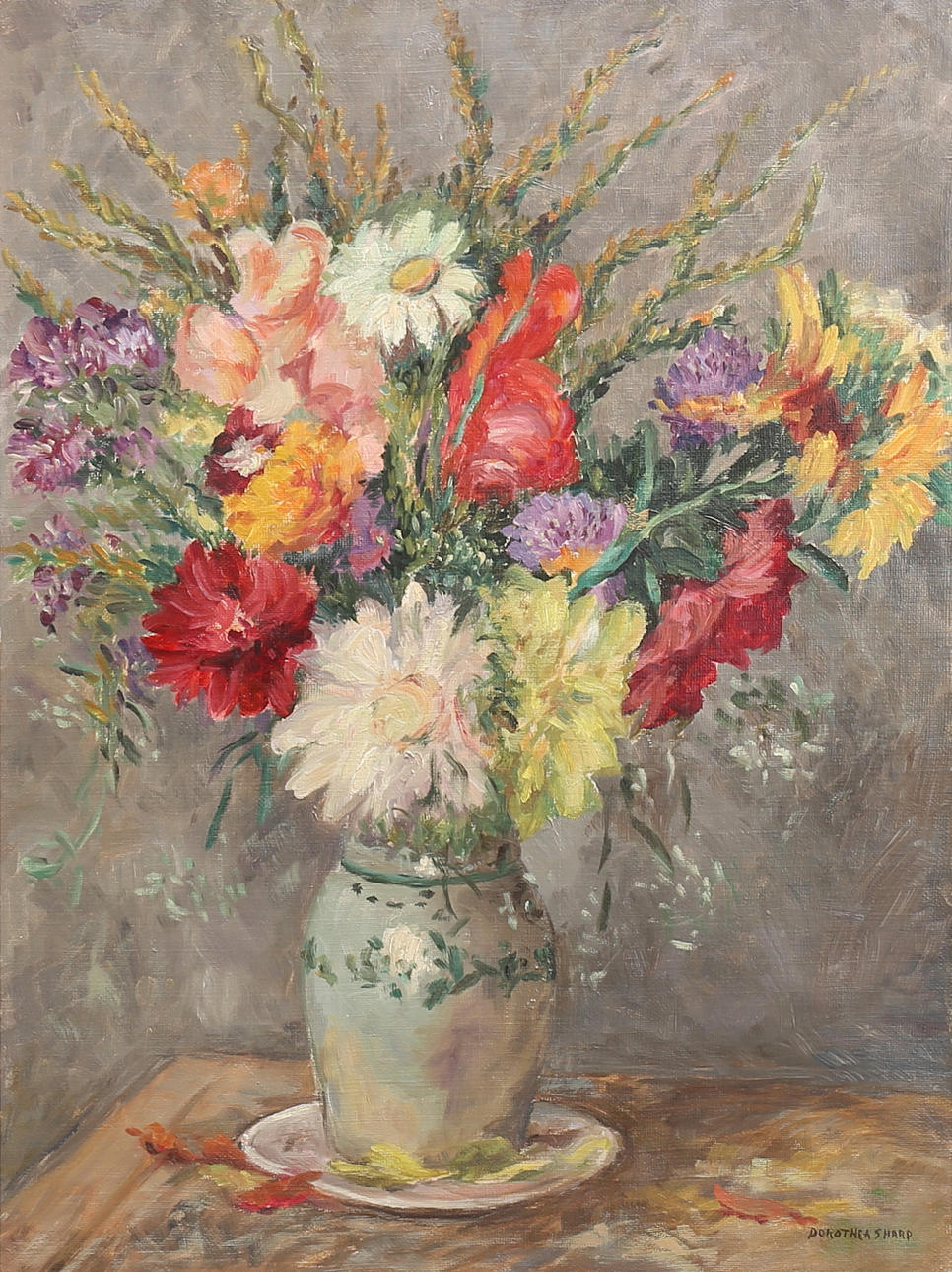 OIDENTIFIERAD KONSTNÄR. Flower still life. Oil on canvas, signed Dorothea Sharp.