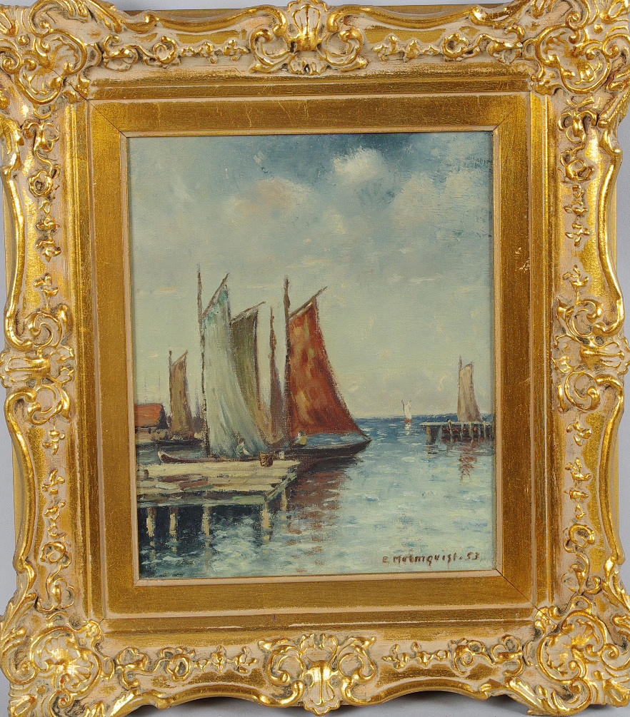 E. MALMQVIST. Hamnmotiv, olja på duk, signerad E. Malmqvist-53.