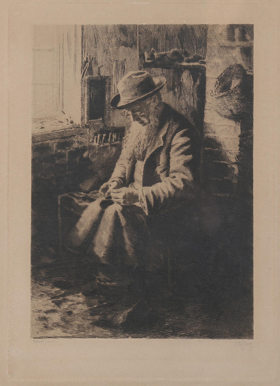 AXEL TALLBERG. "Skoflikaren". Etsning, signerad.