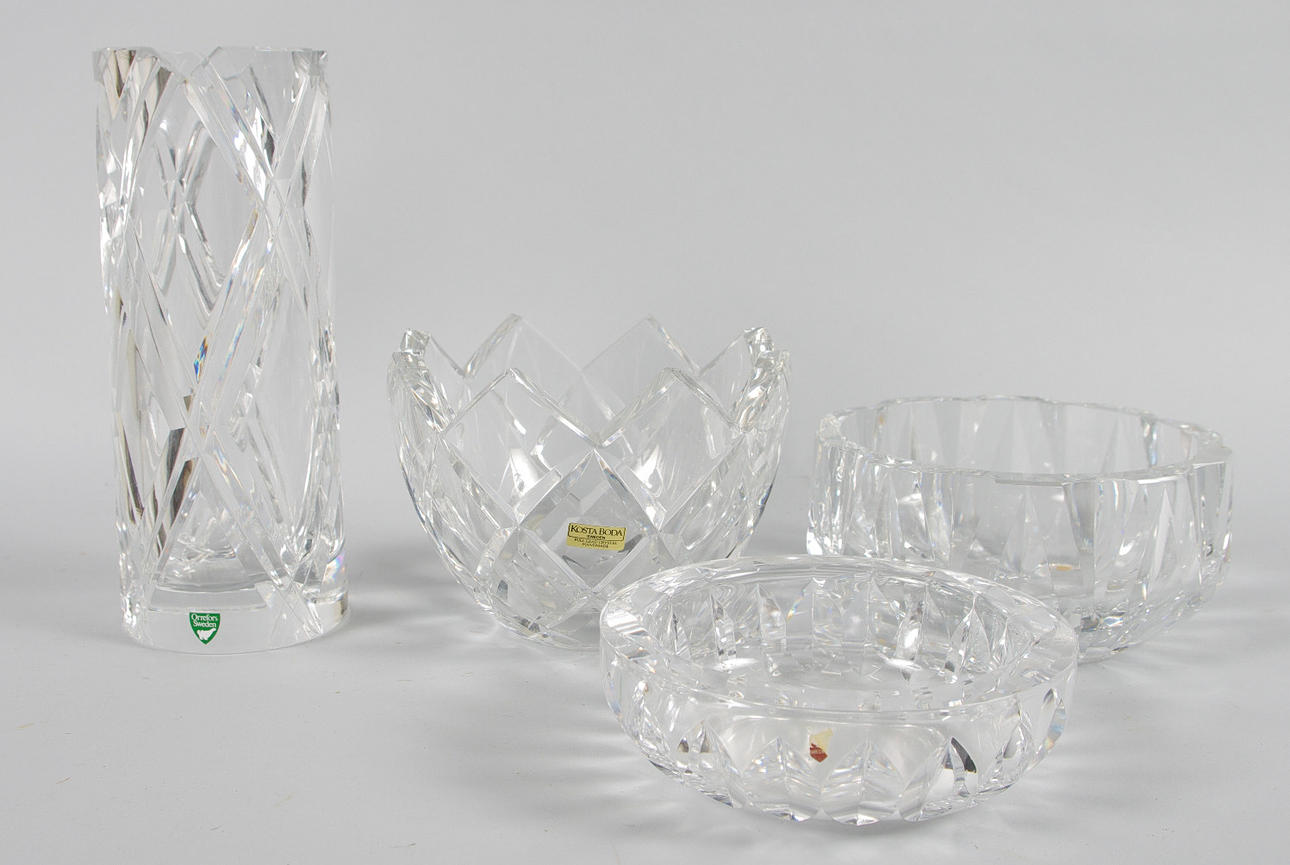 VAS SAMT 3 SKÅLAR, kristall, Kosta Boda samt Orrefors.