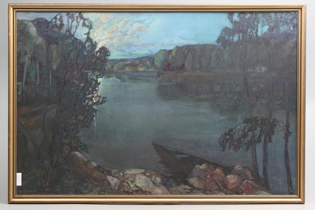 CARL ATTERLING. Sjölandskap med eka. Olja på duk. Signerad och daterad 1925.