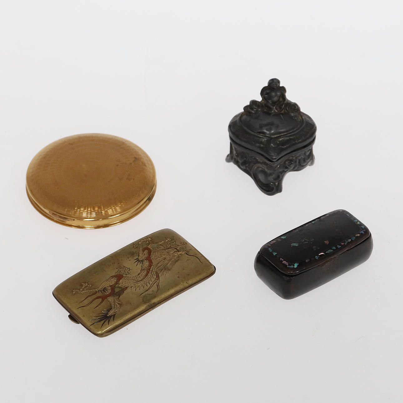 A COMPACT BY KIGU, MIXED METAL CIGARETTE CASE AND TWO BOXES.