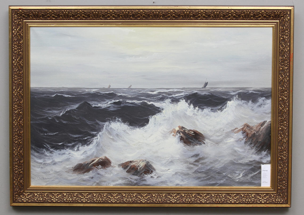 OKÄND KONSTNÄR. Stormigt hav med segelfartyg. Olja på duk. Signerad Lars Nordberg.