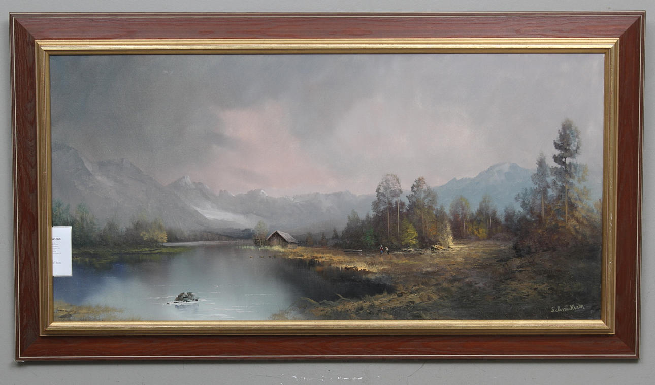 OKÄND KONSTNÄR. Alplandskap i höstfärger. Olja på duk. Signerad Schmidbauer.