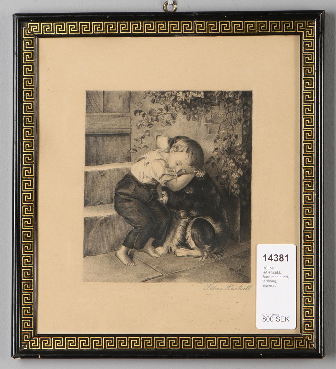 HELMI HARTZELL. Barn med hund, teckning, signerad, sent 1800-tal.
