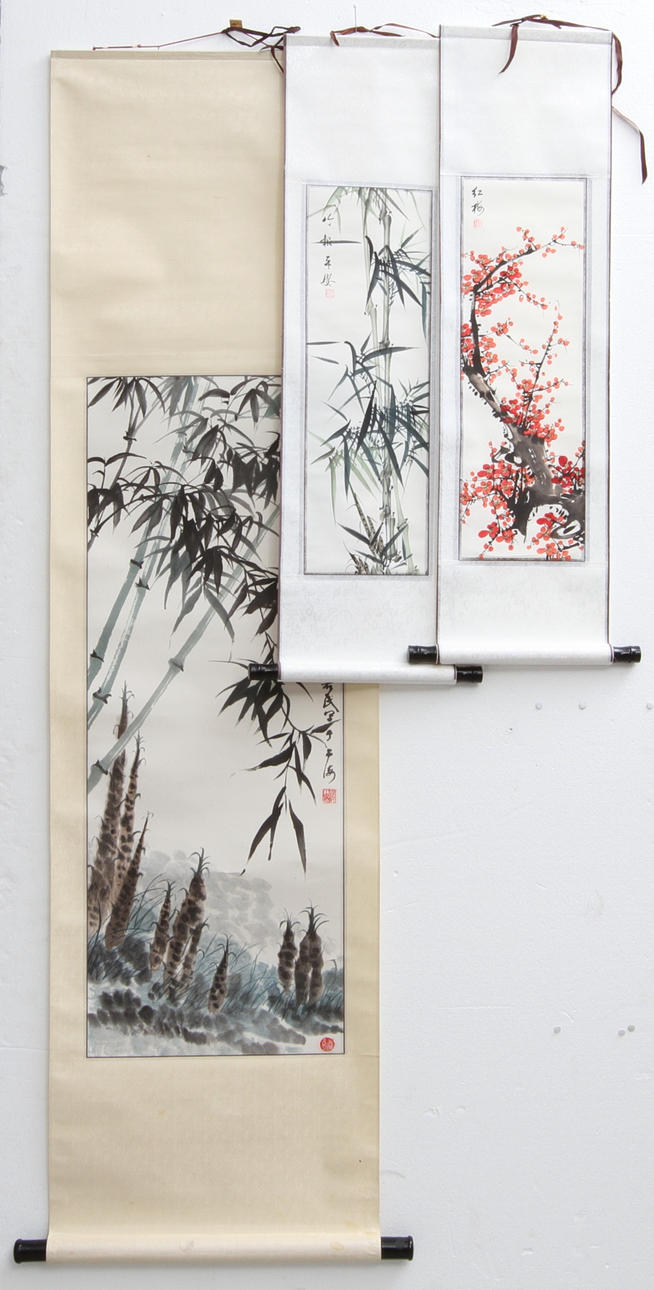 RULLMÅLNINGAR, 3 st, motiv av växtlighet, Kina/Japan.