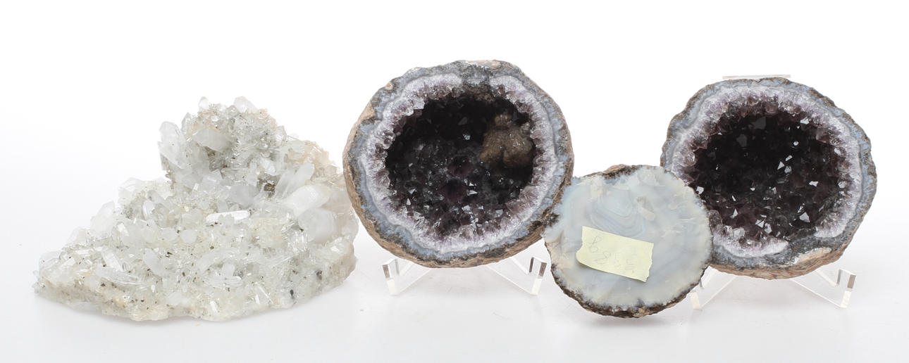 MINERALER, 3 delar, ametist, bergkristall samt agat.