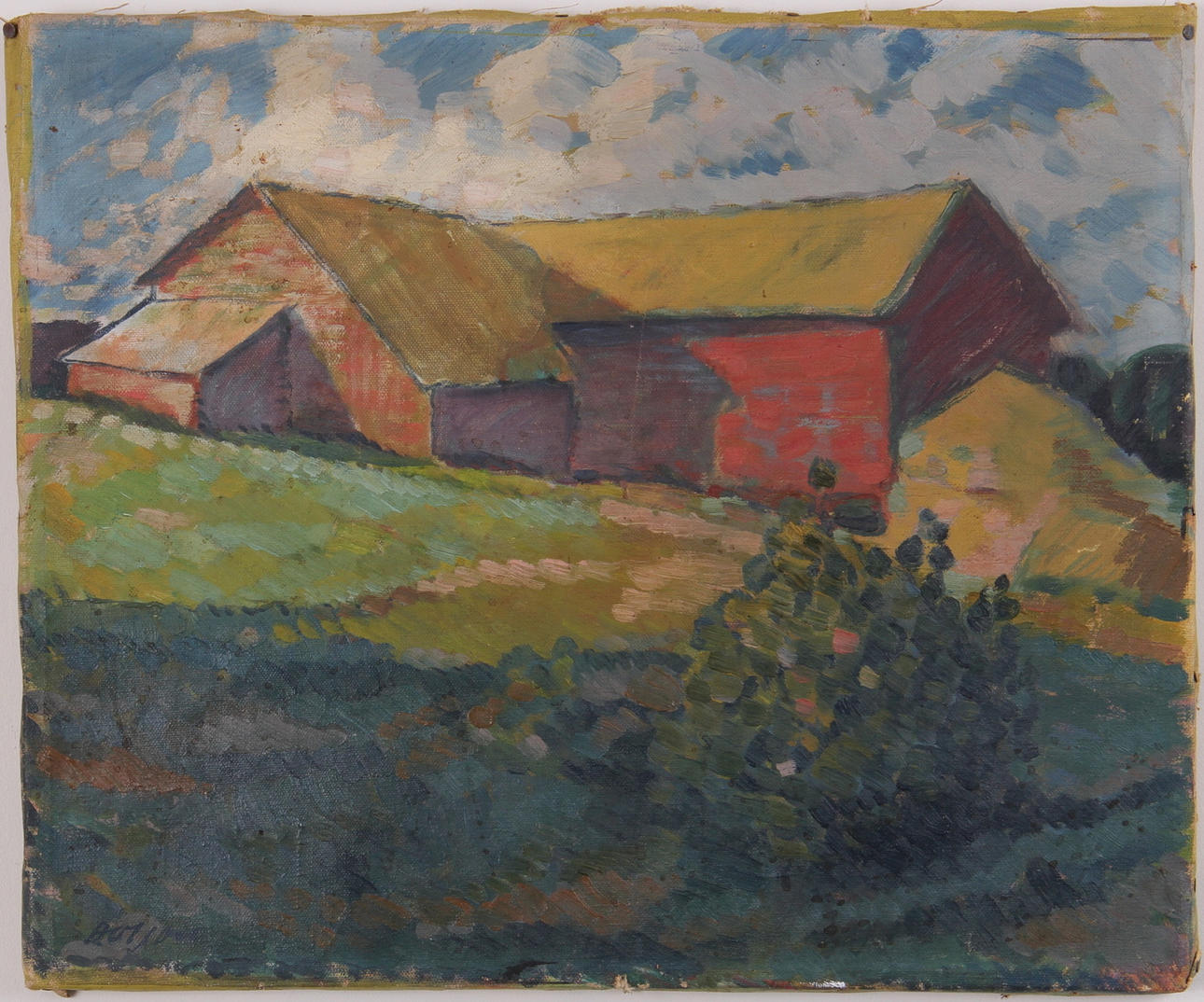 ARVID OLSON. Olja på duk, Hälsingemotiv, Ladugård.