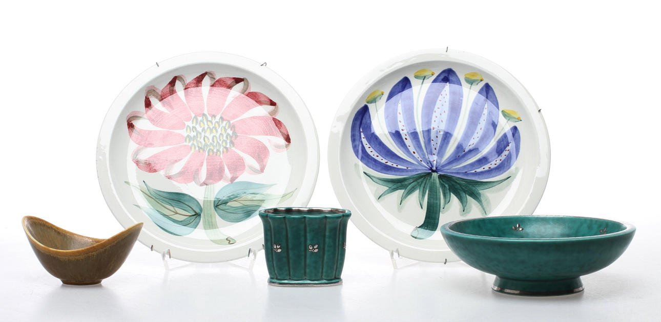 PARTI KERAMIK/PORSLIN, 5 delar, Gustavsberg samt Rörstrand, 1900-tal.