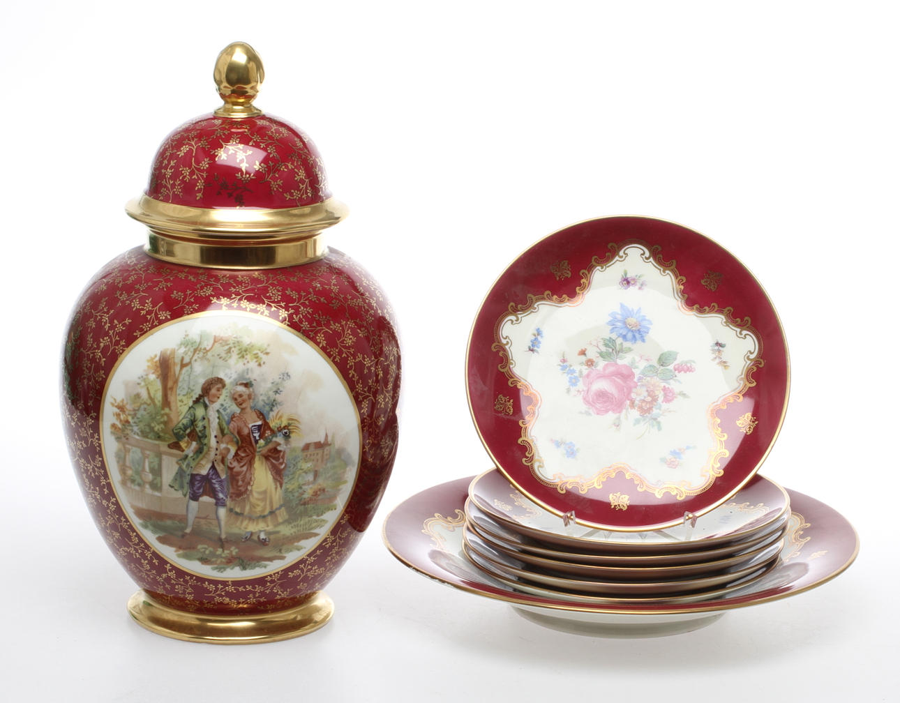 PARTI PORSLIN, 6 assietter, fat Eschenbach, samt lockurna Bavaria, 1900-tal.