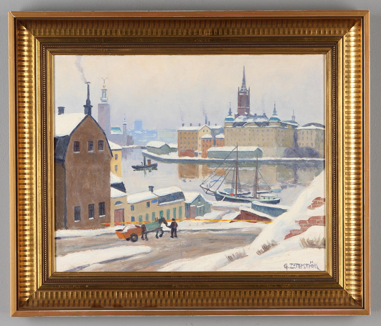 GUNNAR ZETTERSTRÖM. Stockholmsmotiv över Riddarholmen, olja på pannå, signerad.