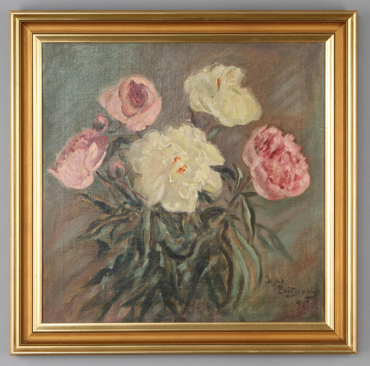 OKÄND KONSTNÄR. Blomsterstilleben, olja på duk, signerad samt daterad 45?