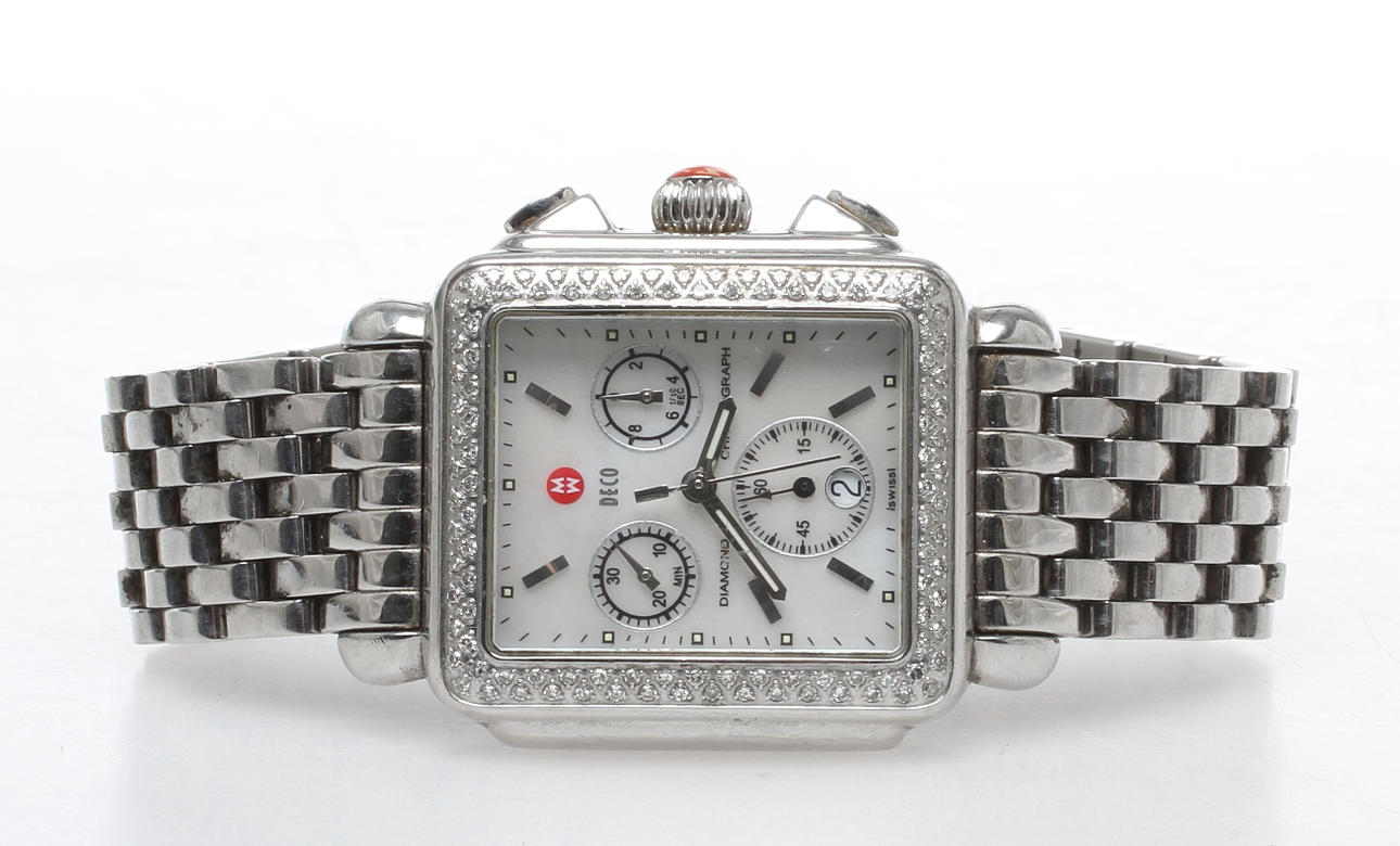 ARMBANDSUR, "Deco", Michele, kronograf, stål, boett med infattade diamanter.