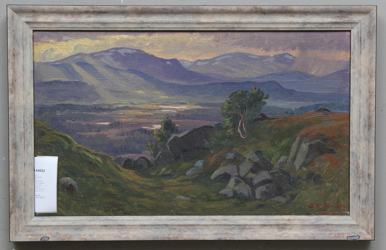 ANTE KARLSSON-STIG. Fjällandskap i skymmningsljus. Olja på duk. Signerad a.K:son Stig och daterad 35.