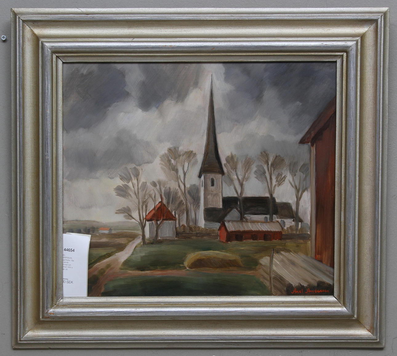 AXEL ANDERSSON. Kaga Kyrka. Olja på pannå. Signerad och daterad 1955 a tergo.