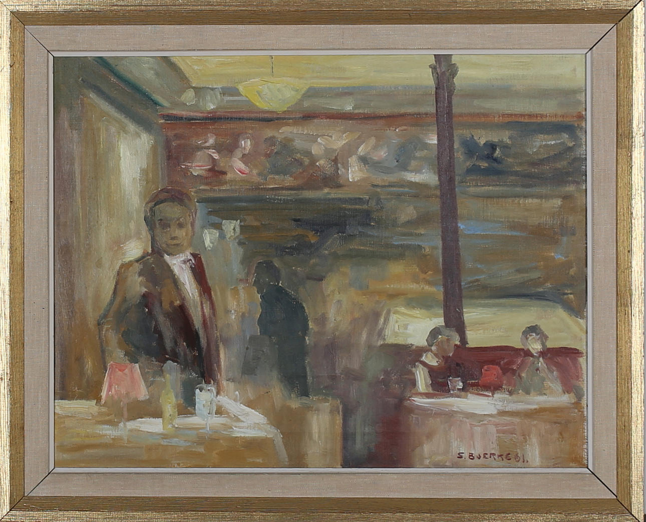 OIDENTIFIERAD KONSTNÄR. På restaurangen. Olja på duk. Signerad S Bjerke och daterad -61.