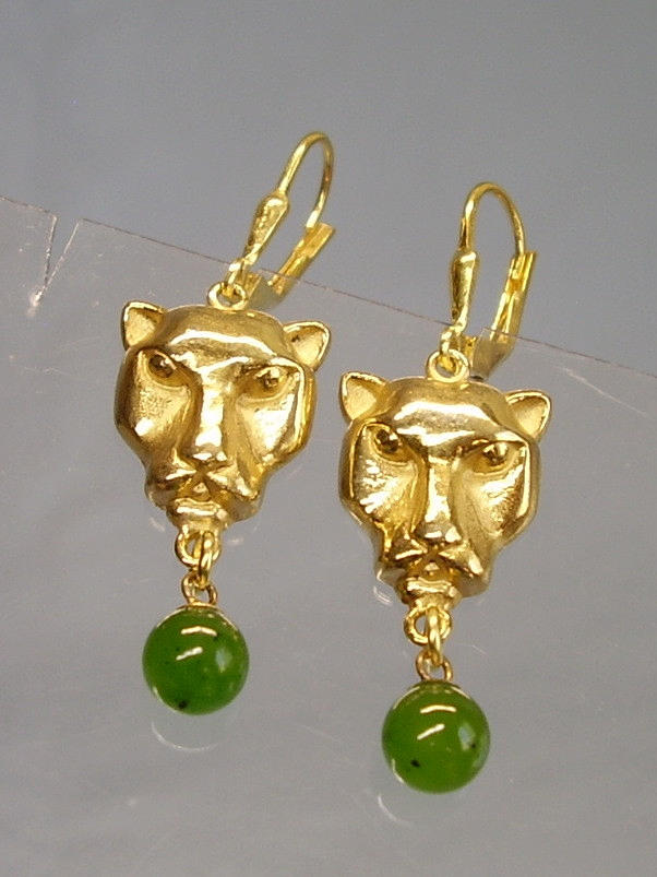 PENDIENTES CABEZA DE PANTERA CON JADE PLATA 935 ANTIGUA.